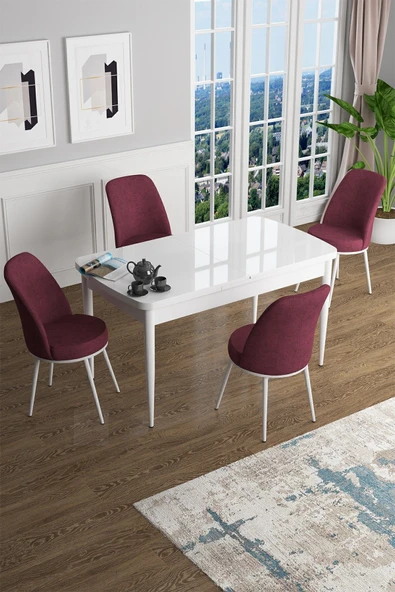 Canisa Concept Han Serisi 70x114 Açılabilir Mdf Mutfak Masası Takımı Beyaz Masa 4 Bordo Sandalye ürün görseli 1