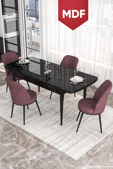 Canisa Kor Serisi, 70x114 Açılabilir MDF Masa Takımı, Siyah Mermer Desen Masa, 4 Gülkurusu Sandalye ürün görseli 1