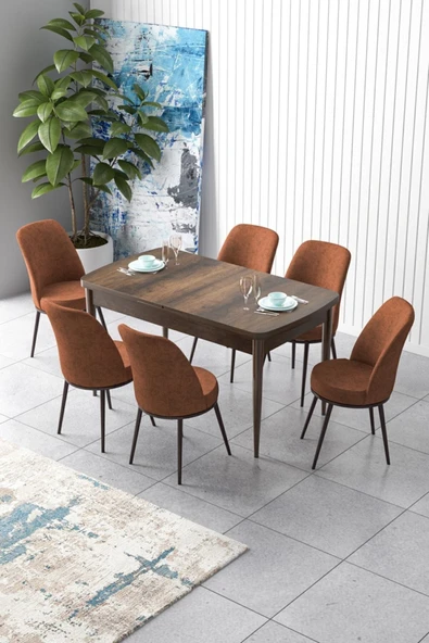 Canisa Concept Zen Serisi 80x132 Mdf Açılabilir Barok Ahşap Desen Masa Takımı Ve 6 Kiremit Sandalye ürün görseli 1