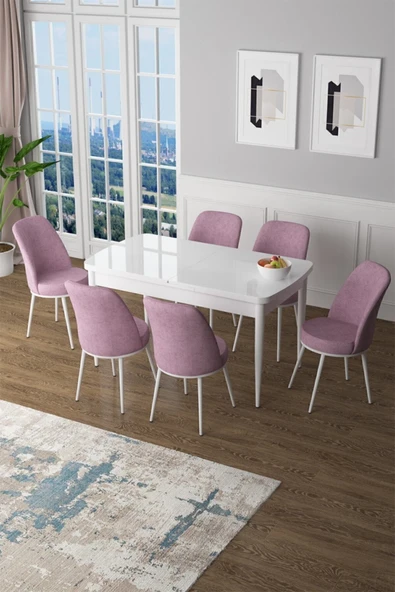 Canisa Concept Zen Serisi 80x132 Mdf Açılabilir Beyaz Masa Takımı Ve 6 Pembe Sandalye ürün görseli 1