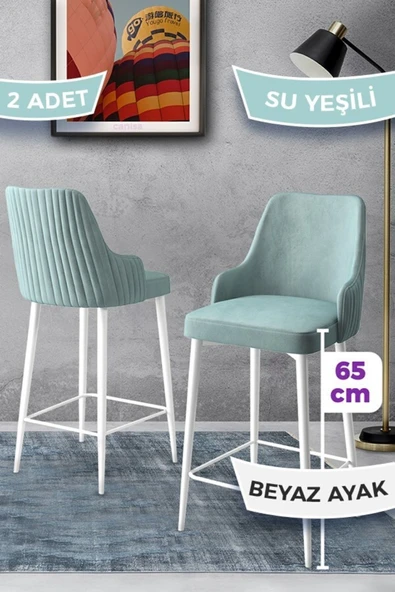 Canisa Tera Serisi 2 Su Yeşili Sandalye 65 Cm Ada Mutfak Bar Sandalyesi Babyface Kumaş Beyaz Metal Ayaklı ürün görseli 1