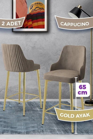 Canisa Tera Serisi 2 Adet Babyface Kumaş 65 cm Gold Kaplama Ayaklı Cappucino Bar Sandalyesi ürün görseli 1