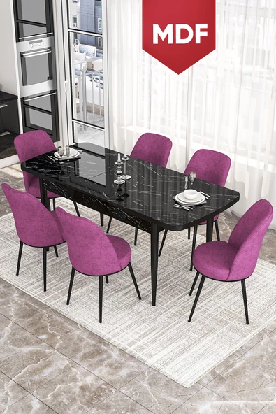 Canisa Kor Serisi 70x114 Açılabilir MDF Mutfak Masası Takımı Siyah Mermer Desen Masa 6 Mor Sandalye ürün görseli 1