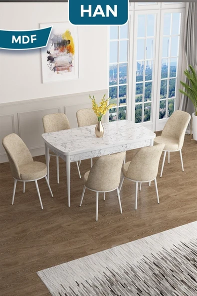 Canisa Han Serisi, 70x114 Açılabilir Mdf Masa Takımı, Beyaz Mermer Desen Masa Ve 6 Krem Sandalye ürün görseli 1
