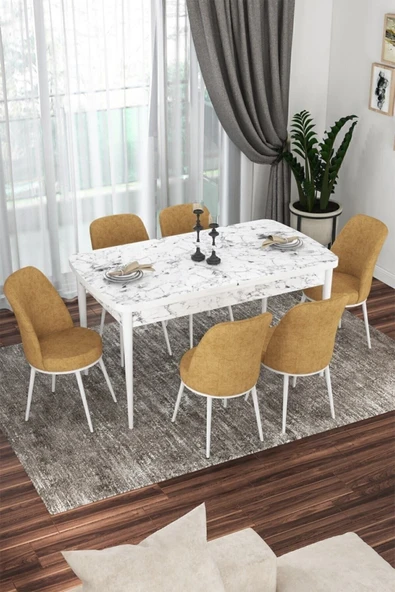 Canisa Concept Kor Serisi 70x114 Açılabilir Mutfak Masası Takımı Beyaz Mermer Desen Masa 6 Cappucino Sandalye ürün görseli 1