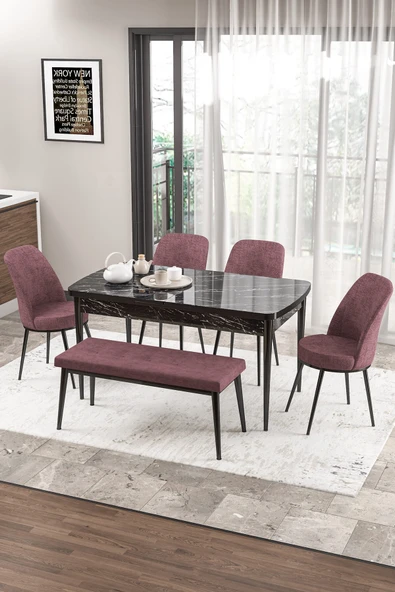 Canisa Zen Serisi 80x132 Mdf Açılabilir Siyah Mermer Desen Masa Takımı 4 Gül Kurusu Sandalye Ve 1 Bench ürün görseli 1