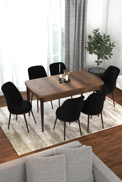 Canisa Concept Kor Serisi 70x114 Açılabilir Mutfak Masası Takımı Barok Desen Masa 6 Siyah Sandalye ürün görseli 1