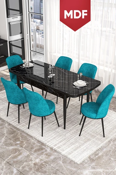 Canisa Concept Kor Serisi 70x114 Açılabilir MDF Mutfak Masası Takımı Siyah Mermer Desen Masa 6 Turkuaz Sandalye ürün görseli 1