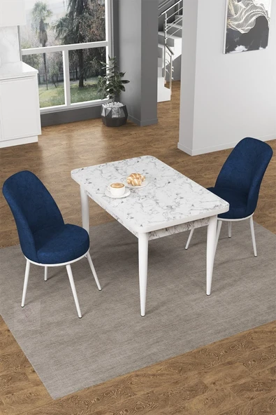 Canisa Concept Nil Serisi 70x110 Sabit Mutfak Masası Takımı Beyaz Mermer Desen Masa 2 Lacivert Sandalye ürün görseli 1