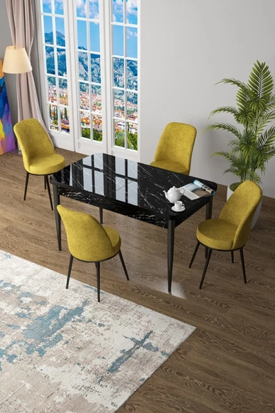 Canisa Concept Zen Serisi 80x132 Mdf Açılabilir Siyah Mermer Desen Masa Takımı Ve 4 Hardal Sandalye ürün görseli 1