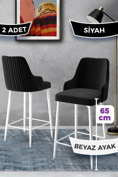 Canisa Tera Serisi 2 Siyah Sandalye 65 Cm Ada Mutfak Bar Sandalyesi Babyface Kumaş Beyaz Metal Ayaklı ürün görseli 1