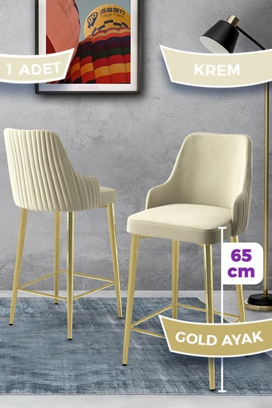 Canisa Tera Serisi 1 Adet Babyface Kumaş 65 cm Gold Kaplama Ayaklı Krem Bar Sandalyesi ürün görseli 1