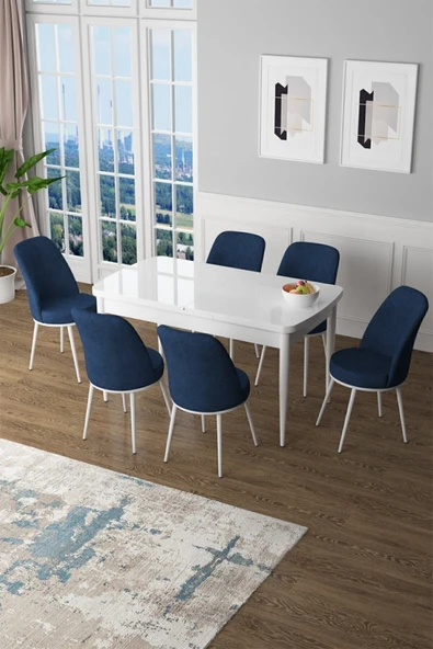 Canisa Concept Zen Serisi 80x132 Mdf Açılabilir Beyaz Masa Takımı Ve 6 Lacivert Sandalye ürün görseli 1