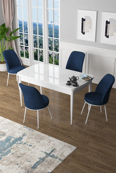 Canisa Concept Zen Serisi 80x132 Mdf Açılabilir Beyaz Masa Takımı Ve 4 Lacivert Sandalye ürün görseli 1