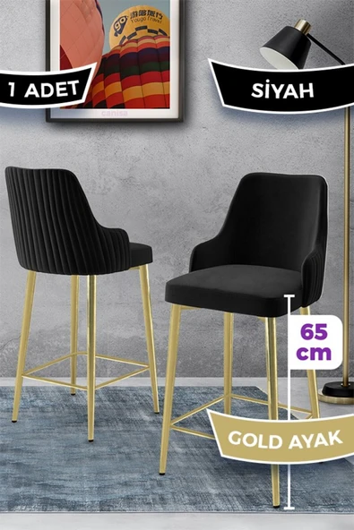 Canisa Tera Serisi 1 Adet Babyface Kumaş 65 cm Gold Kaplama Ayaklı Siyah Bar Sandalyesi ürün görseli 1