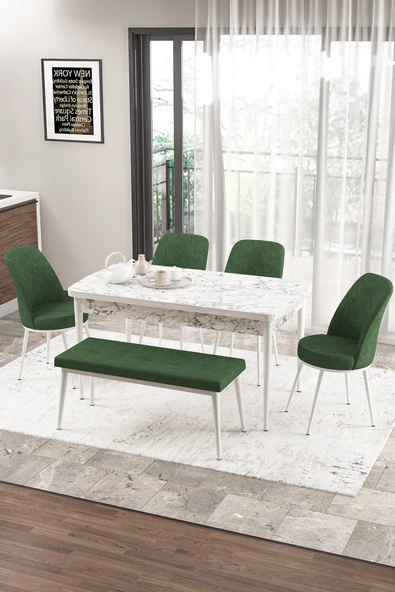 Canisa Concept Zen Serisi 80x132 Mdf Açılabilir Beyaz Mermer Desen Masa Takımı 4 Haki Yeşil Sandalye Ve 1 Bench ürün görseli 1