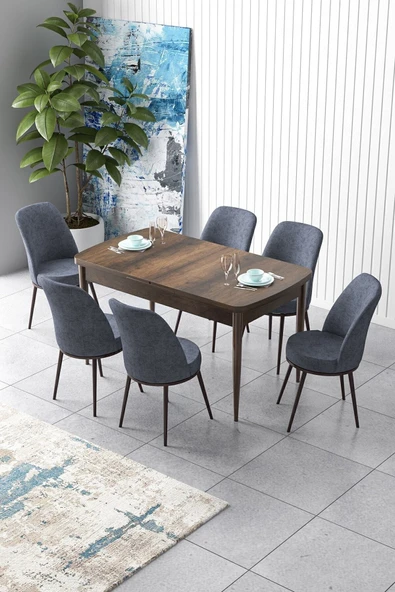 Canisa Concept Zen Serisi 80x132 Mdf Açılabilir Barok Ahşap Desen Masa Takımı Ve 6 Füme Sandalye ürün görseli 1