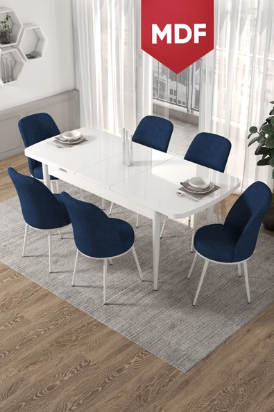 Canisa Concept Kor Serisi, 70x114 Açılabilir MDF Beyaz Yemek Masası Takımı,6 Lacivert Sandalye ürün görseli 1