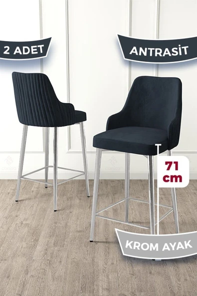Canisa Enox Serisi 2 Adet Antrasit Mutfak Bar Sandalyesi Babyface Kumaş Krom Kaplama Metal Ayak ürün görseli 1