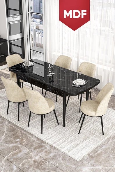 Canisa Concept Kor Serisi, 70x114 Açılabilir MDF  Yemek Masası Takımı, Siyah Mermer Desen Masa Ve 6 Krem Sandalye ürün görseli 1