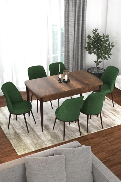 Canisa Concept Kor Serisi 70x114 Açılabilir Mutfak Masası Takımı Barok Desen Masa 6 Haki Yeşil Sandalye ürün görseli 1