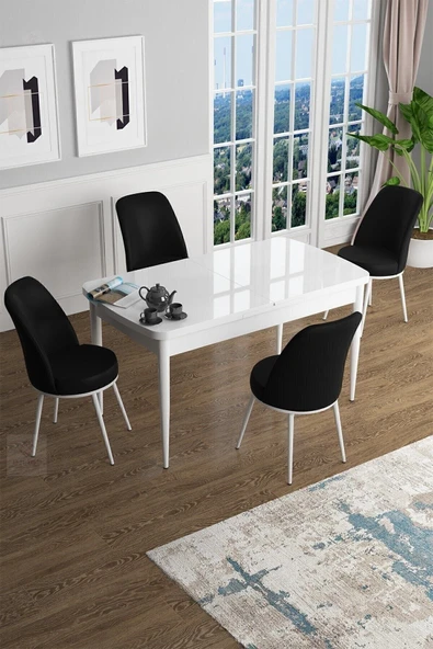 Canisa Concept Han Serisi 70x114 Açılabilir Mdf Mutfak Masası Takımı Beyaz Masa 4 Siyah Sandalye ürün görseli 1