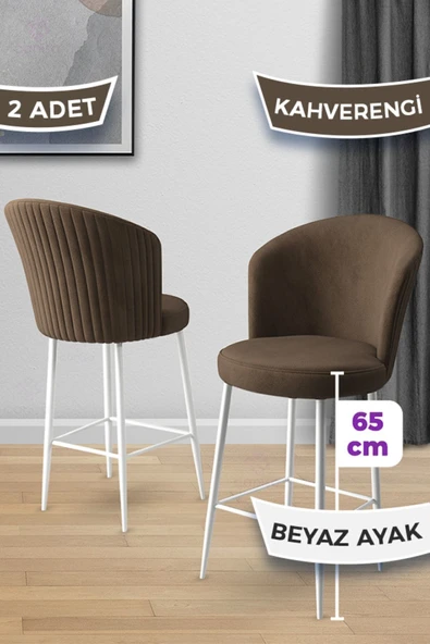 Canisa Alte Serisi 2 Adet Kahve Sandalye 65 Cm Ada Mutfak Bar Sandalyesi Babyface Kumaş Beyaz Metal Ayak ürün görseli 1