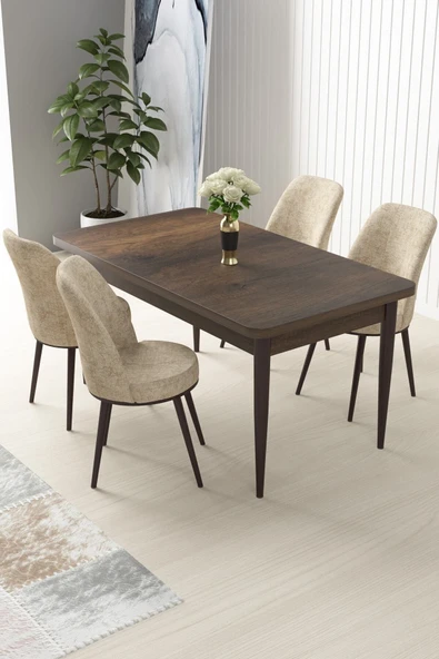 Canisa Concept Nil Serisi 70x110 Sabit Mutfak Masası Takımı Barok Desen Masa 4 Krem Sandalye ürün görseli 1