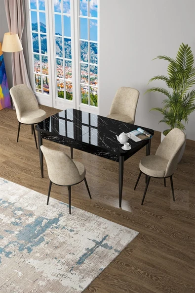 Canisa Concept Zen Serisi 80x132 Mdf Açılabilir Siyah Mermer Desen Masa Takımı ve 4 Krem Sandalye ürün görseli 1