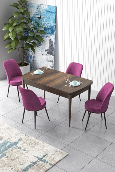 Canisa Concept Zen Serisi 80x132 Mdf Açılabilir Barok Ahşap Desen Masa Takımı Ve 4 Mor Sandalye ürün görseli 1