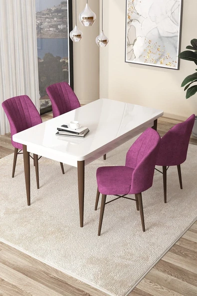 Canisa Concept Arp Serisi Sabit Mutfak Masası Takımı 70x110 Beyaz Ceviz Masa 4 Mor Sandalye ürün görseli 1