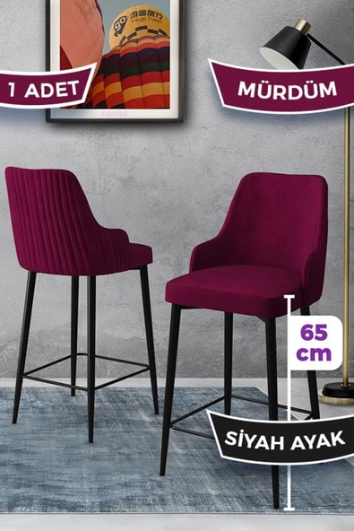 Canisa Tera Serisi 1 Adet 65 Cm Mürdüm Ada Mutfak Bar Sandalyesi Babyface Kumaş Siyah Metal Ayaklı ürün görseli 1