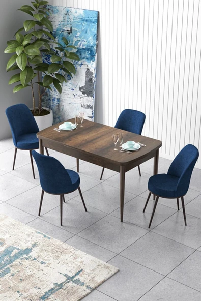 Canisa Concept Zen Serisi 80x132 Mdf Açılabilir Barok Ahşap Desen Masa Takımı Ve 4 Lacivert Sandalye ürün görseli 1