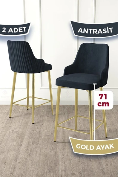 Canisa Enox Serisi 2 Adet Antrasit Mutfak Bar Sandalyesi Babyface Kumaş Gold Kaplama Metal Ayak ürün görseli 1