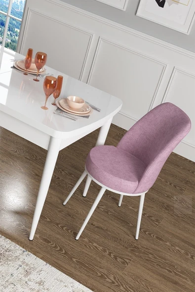 Canisa Concept Han Serisi 70x114 Açılabilir Mdf Mutfak Masası Takımı Beyaz Masa 6 Pembe Sandalye ürün görseli 1