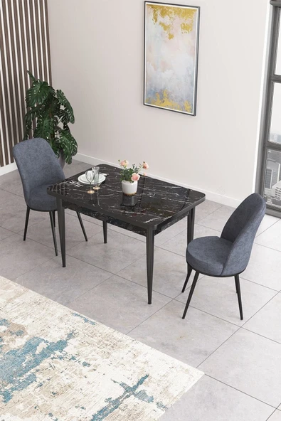 Canisa Concept Nil Serisi 70x110 Sabit Mutfak Masası Takımı Siyah Mermer Desen Masa 2 Füme Sandalye ürün görseli 1