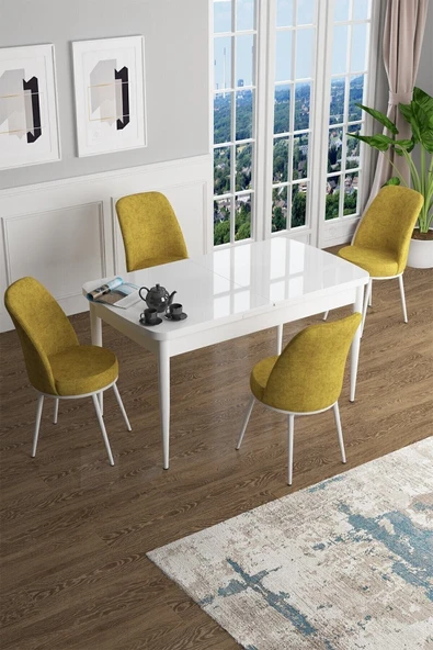 Canisa Concept Han Serisi 70x114 Açılabilir Mdf Mutfak Masası Takımı Beyaz Masa 4 Hardal Sandalye ürün görseli 1