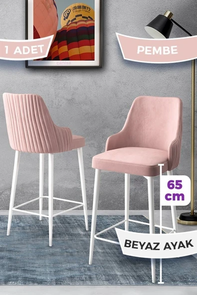 Canisa Tera Serisi 1 Adet 65 Cm Pembe Ada Mutfak Bar Sandalyesi Babyface Kumaş Beyaz Metal Ayaklı ürün görseli 1