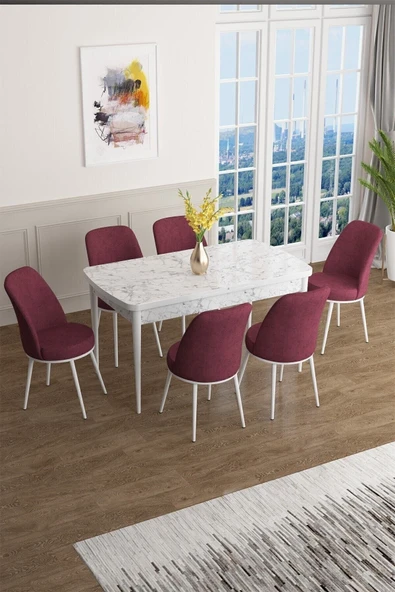 Canisa Concept Han Serisi 70x114 Açılabilir Mdf Mutfak Masası Takımı Beyaz Mermer Desen Masa 6 Bordo Sandalye ürün görseli 1