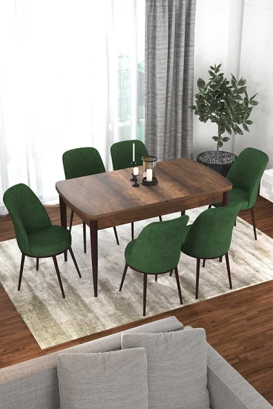 Canisa Concept Kor Serisi 70x114 Açılabilir Mutfak Masası Takımı Barok Desen Masa 6 Haki Yeşil Sandalye ürün görseli 1