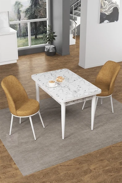 Canisa Concept Nil Serisi 70x110 Sabit Mutfak Masası Takımı Beyaz Mermer Desen Masa 2 Cappucino Sandalye ürün görseli 1