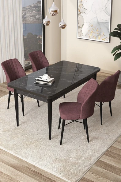 Canisa Concept Arp Serisi 70x110 Sabit Mutfak Masası Takımı Siyah Mermer Desen Masa 4 Gül Kurusu Sandalye ürün görseli 1