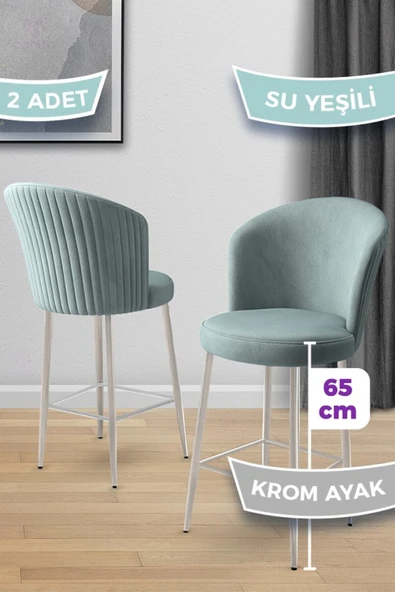 Canisa Alte Serisi 2 Adet Babyface Kumaş 65 cm Krom Kaplama Ayaklı Su Yeşili Bar Sandalyesi ürün görseli 1