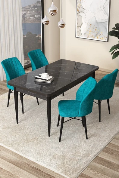 Canisa Concept Arp Serisi 70x110 Sabit Mutfak Masası Takımı Siyah Mermer Desen Masa 4 Turkuaz Sandalye ürün görseli 1