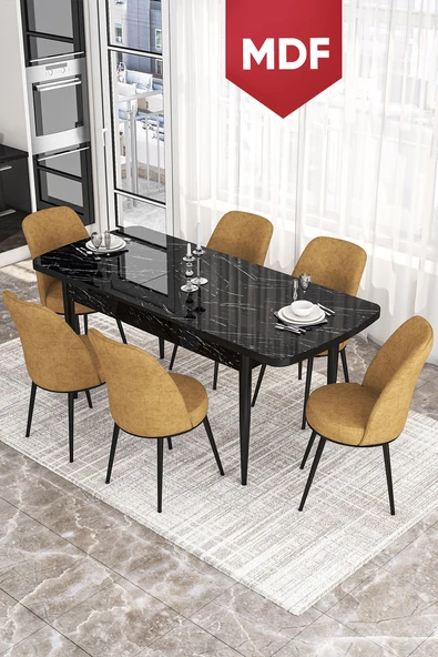 Canisa Kor Serisi 70x114 Açılabilir MDF Mutfak Masası Takımı Siyah Mermer Desen Masa 6 Cappucino Sandalye ürün görseli 1