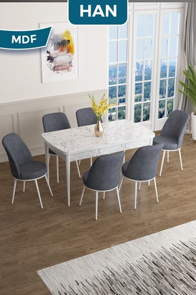 Canisa Han Serisi, 70x114 Açılabilir Mdf Masa Takımı, Beyaz Mermer Desen Masa Ve 6 Füme Sandalye ürün görseli 1