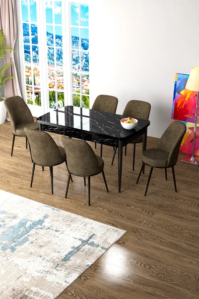 Canisa Concept Zen Serisi 80x132 Mdf Açılabilir Siyah Mermer Desen Masa Takımı Ve 6 Kahverengi Sandalye ürün görseli 1