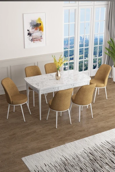 Canisa Concept Han Serisi 70x114 Açılabilir Mdf Mutfak Masası Takımı Beyaz Mermer Desen Masa 6 Cappucino Sandalye ürün görseli 1