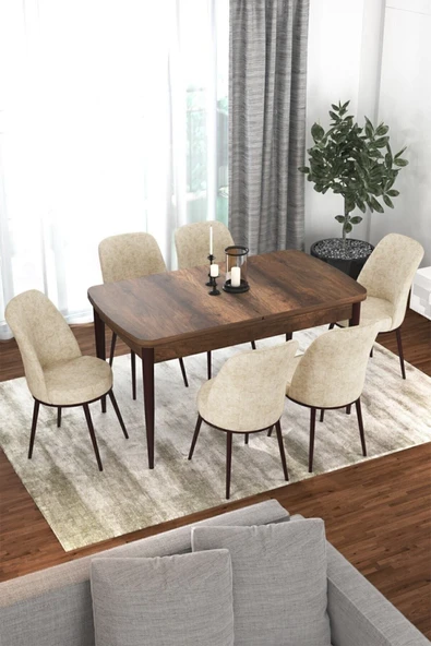 Canisa Concept Kor Serisi 70x114 Açılabilir Mutfak Masası Takımı Barok Desen Masa 6 Krem Sandalye ürün görseli 1