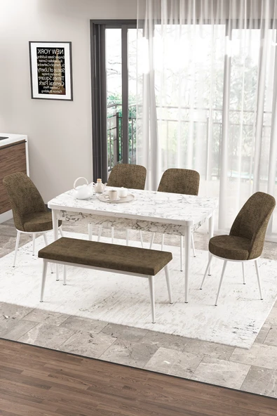 Canisa Concept Zen Serisi 80x132 Mdf Açılabilir Beyaz Mermer Desen Masa Takımı 4 Kahverengi Sandalye Ve 1 Bench ürün görseli 1